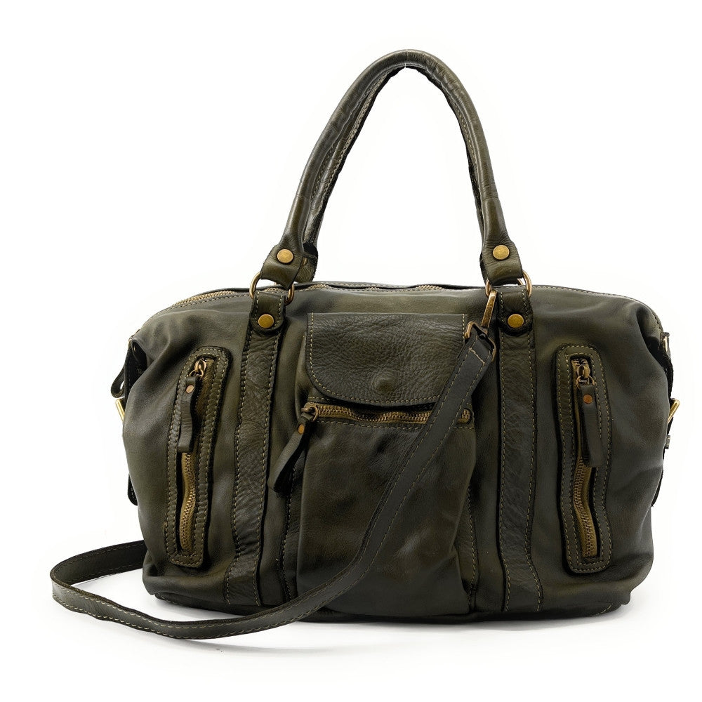 Sac porté épaule en cuir vintage MISS MY Kaki foncé
