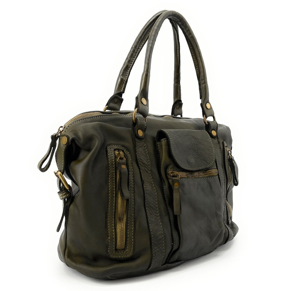 Sac porté épaule en cuir vintage MISS MY Kaki foncé