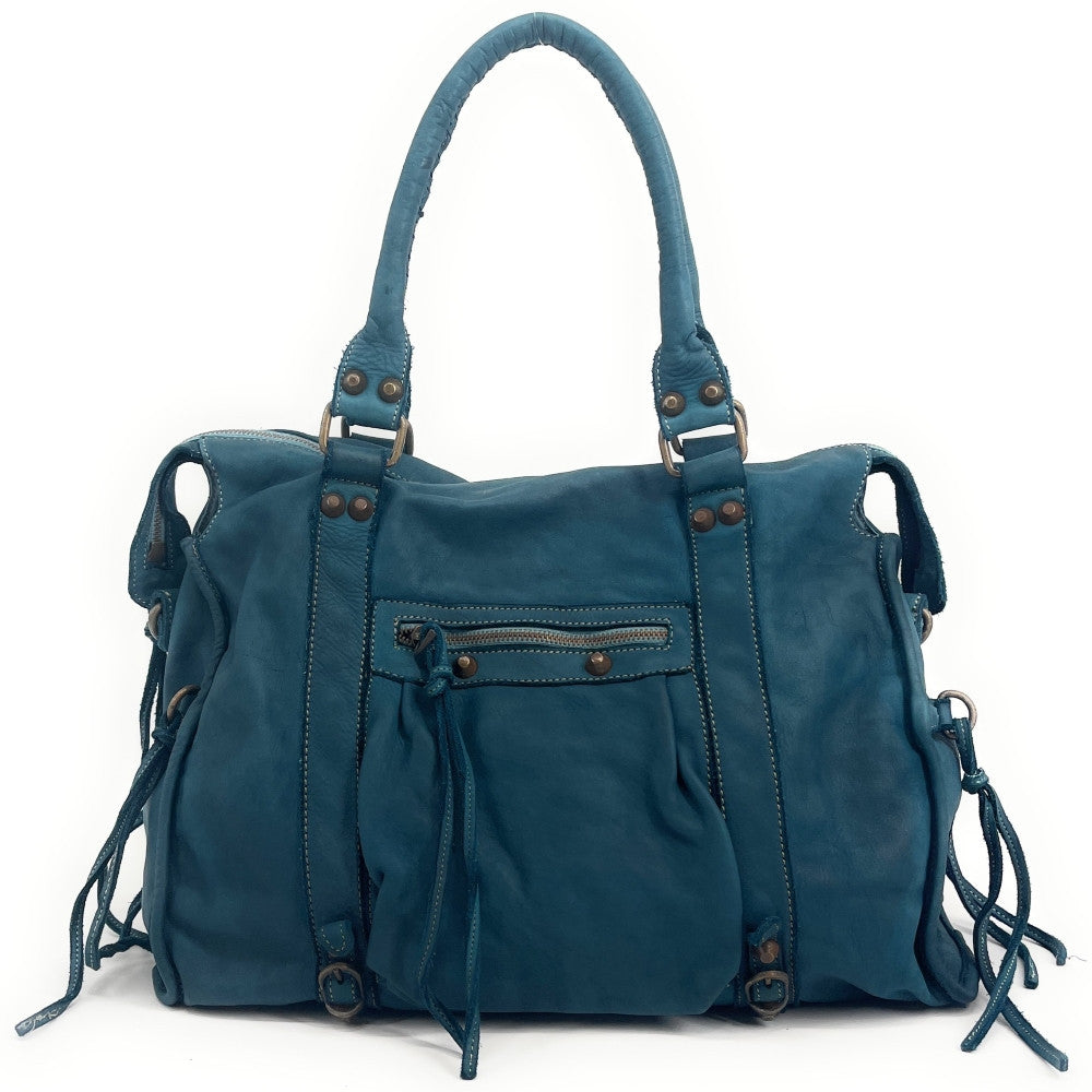 Grand sac porté épaule en cuir vintage STORM XL HURRICAN Bleu vert canard