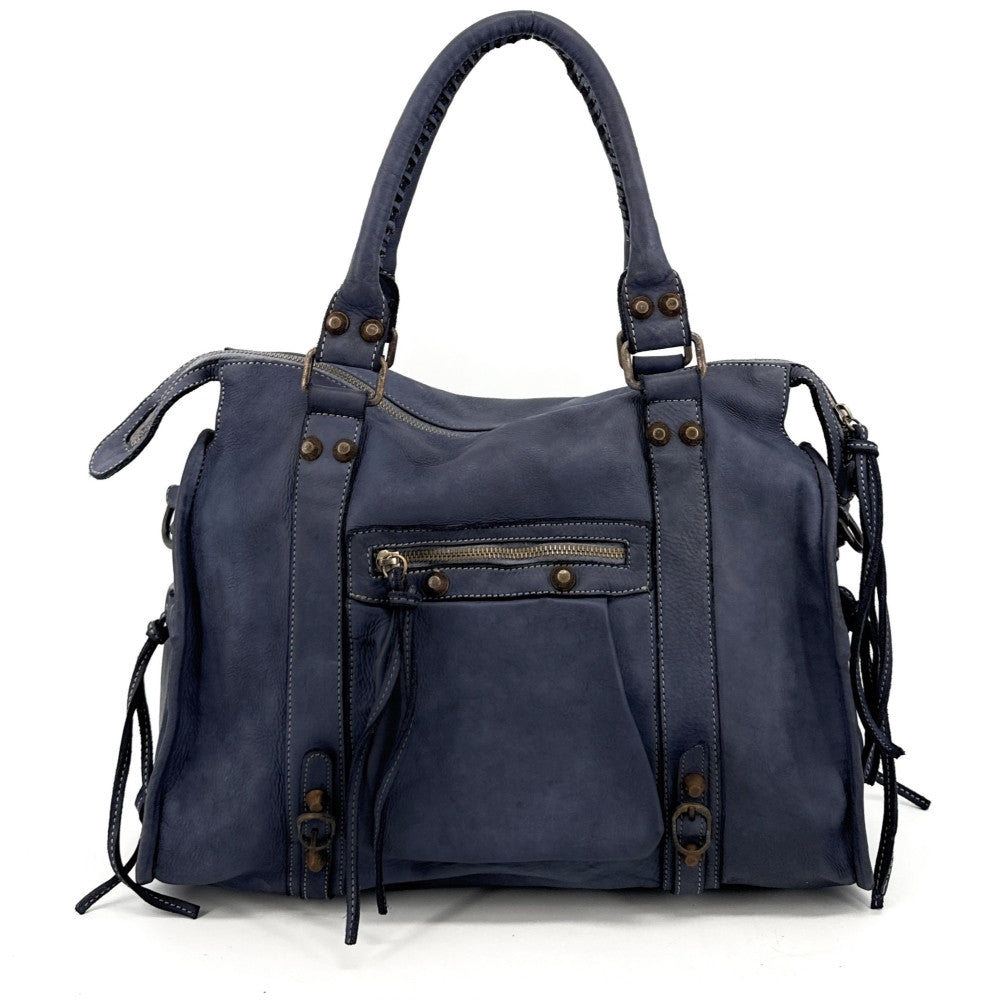 Grand sac porté épaule en cuir vintage STORM XL HURRICAN Bleu marine