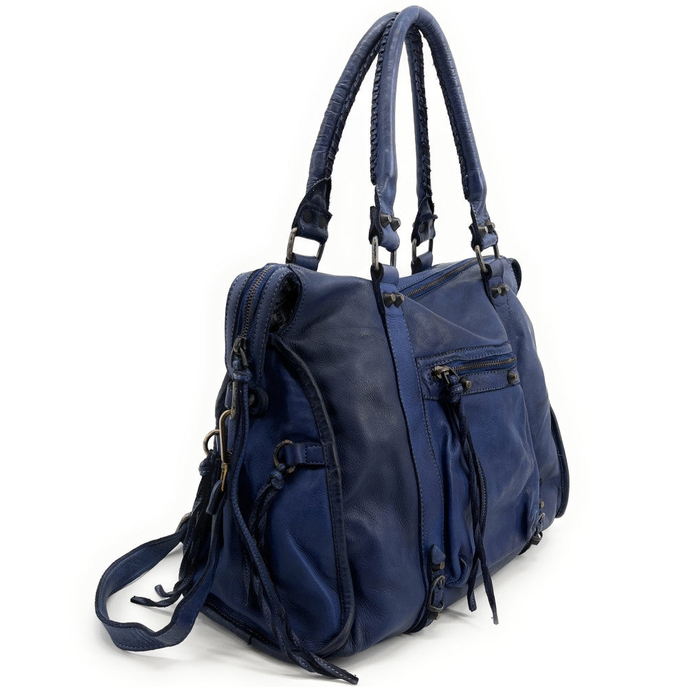 Grand sac porté épaule en cuir vintage STORM XL HURRICAN Bleu profond