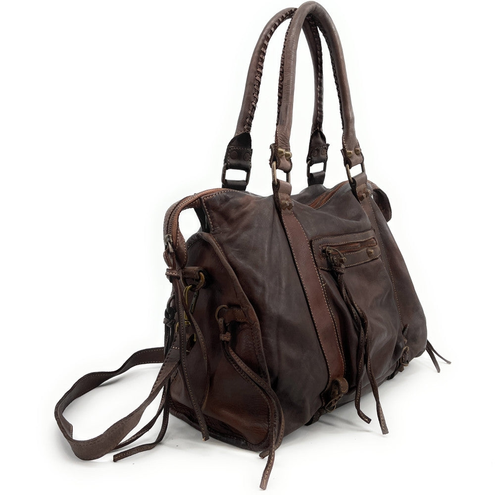 Grand sac porté épaule en cuir vintage STORM XL HURRICAN Chocolat