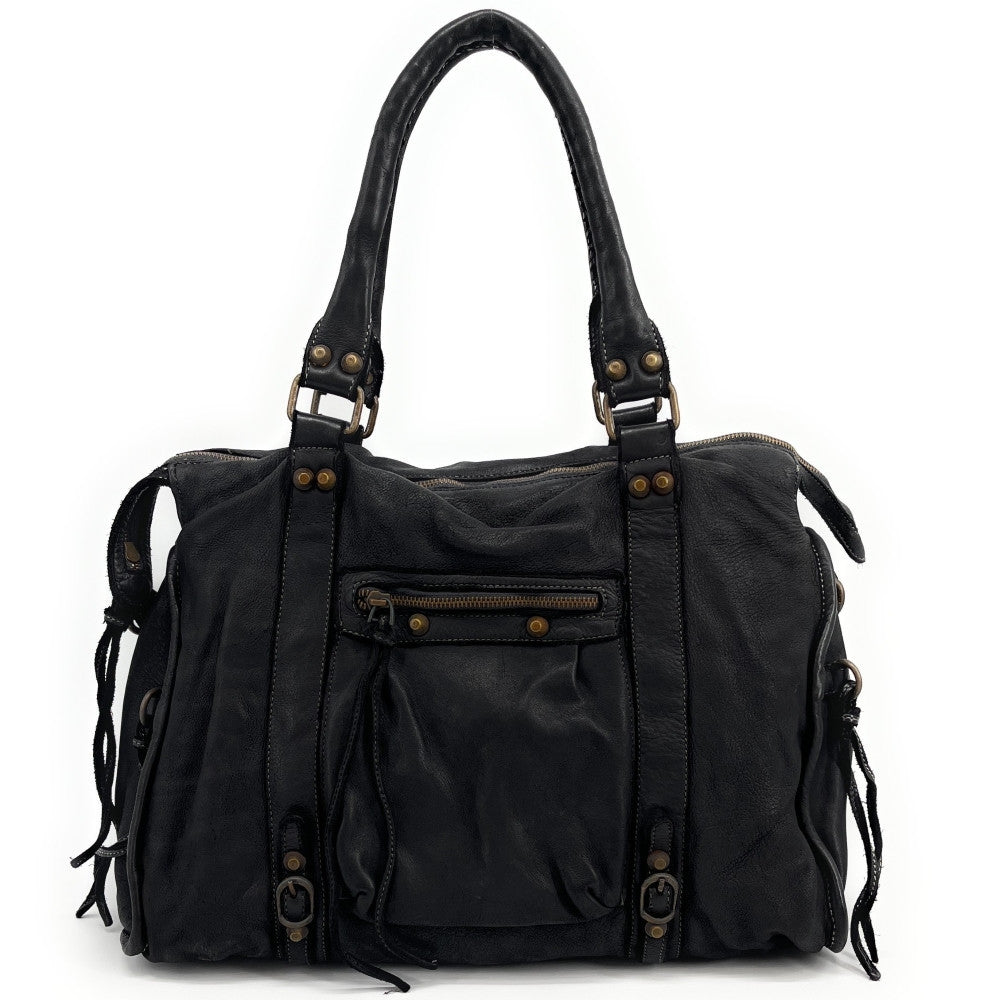 Grand sac porté épaule en cuir vintage STORM XL HURRICAN Noir