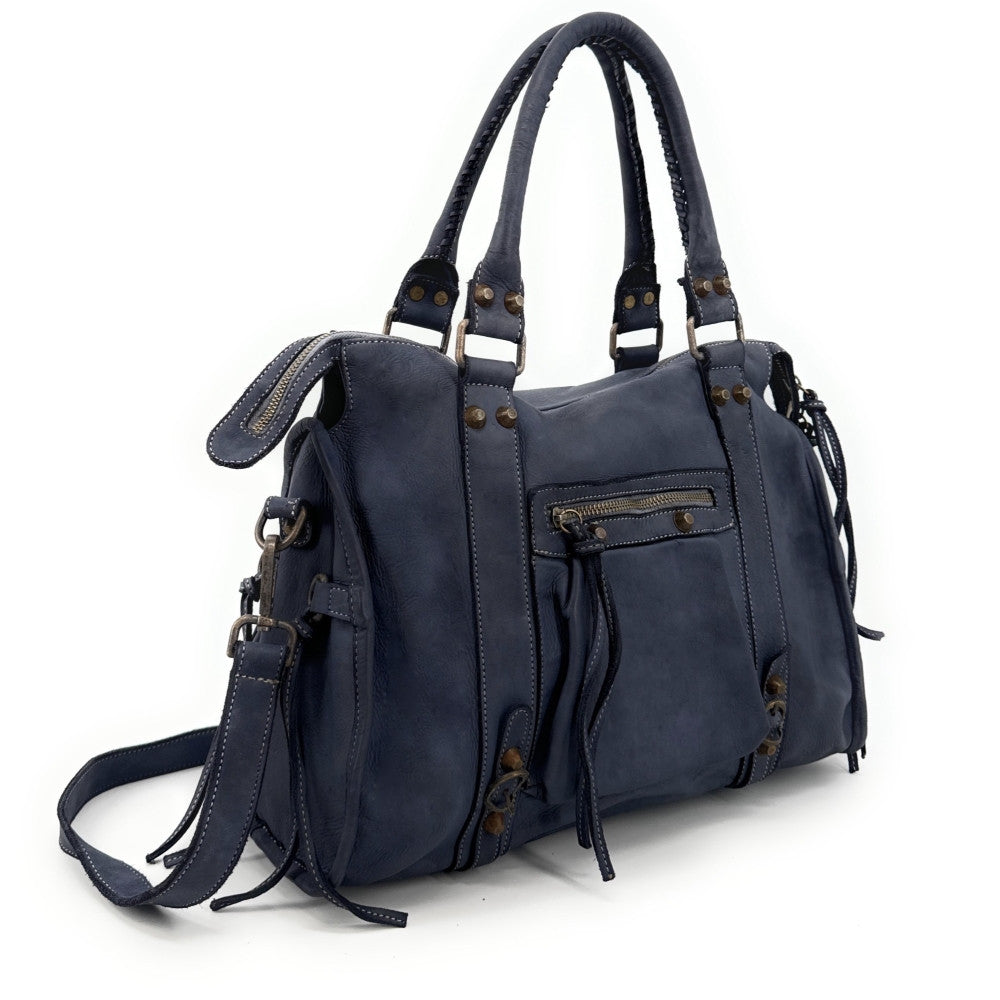 Grand sac porté épaule en cuir vintage STORM XL HURRICAN Bleu marine
