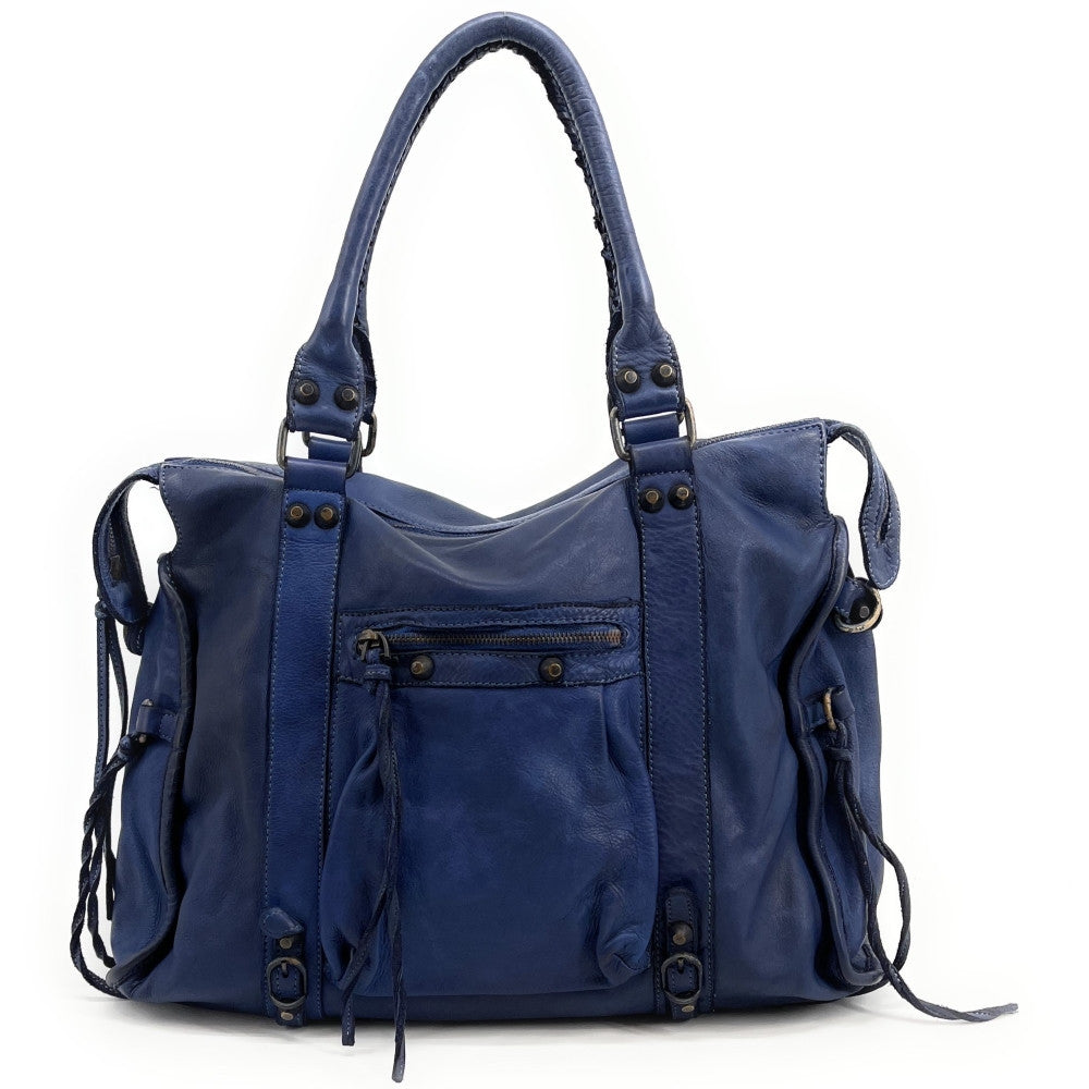 Grand sac porté épaule en cuir vintage STORM XL HURRICAN Bleu profond
