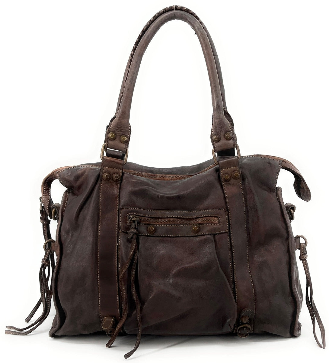 Grand sac porté épaule en cuir vintage STORM XL HURRICAN Chocolat