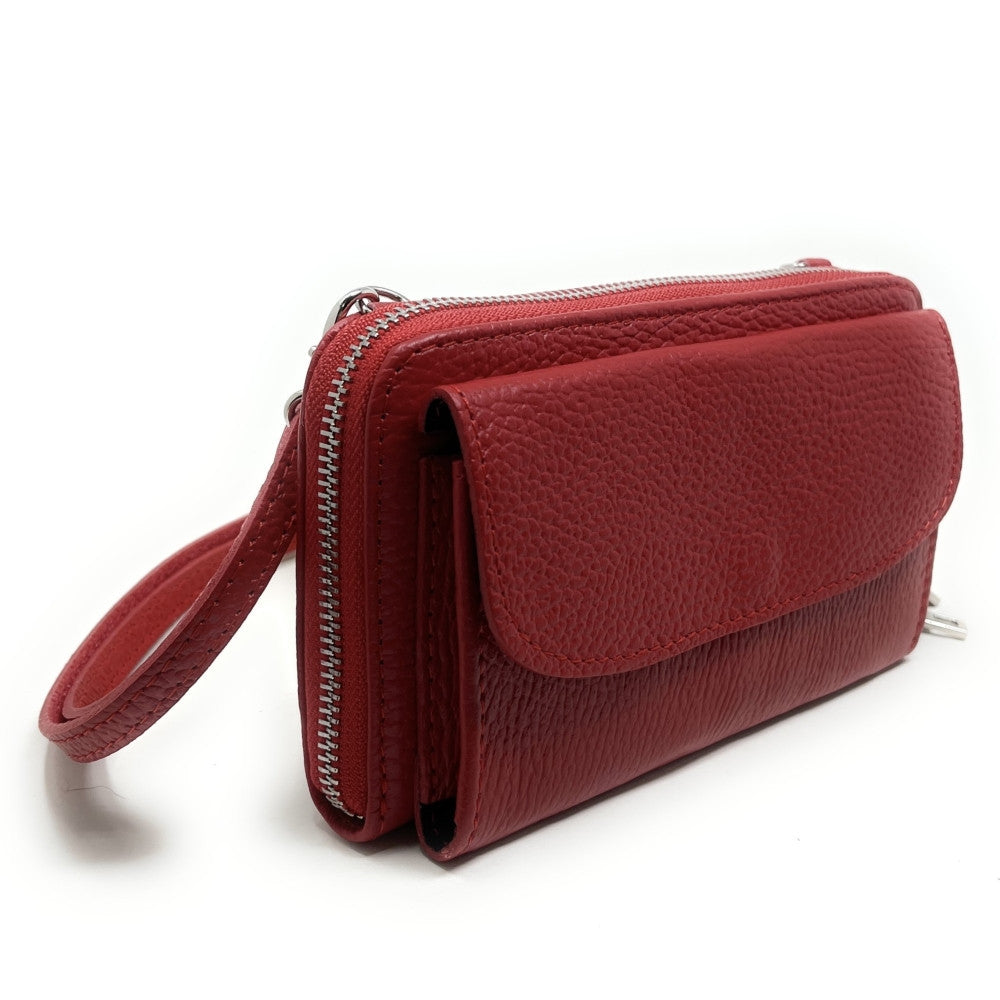 Sac portefeuille à bandoulière en cuir grainé CITY Rouge fraise