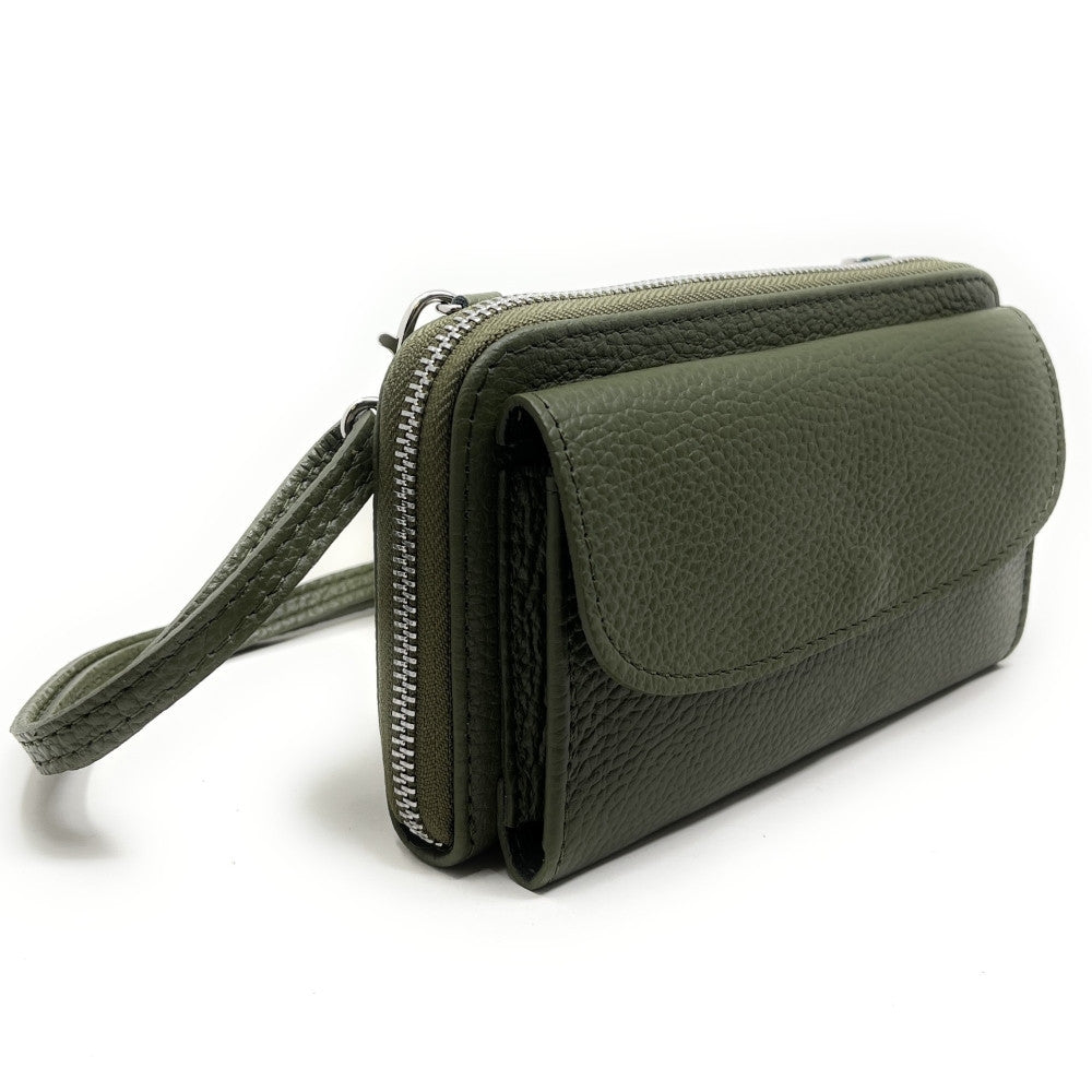 Sac portefeuille à bandoulière en cuir grainé CITY Kaki