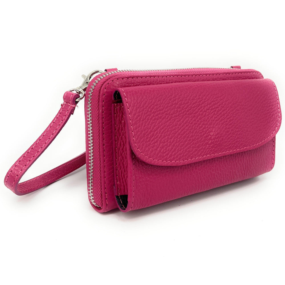 Sac portefeuille à bandoulière en cuir grainé CITY Rose fuchsia