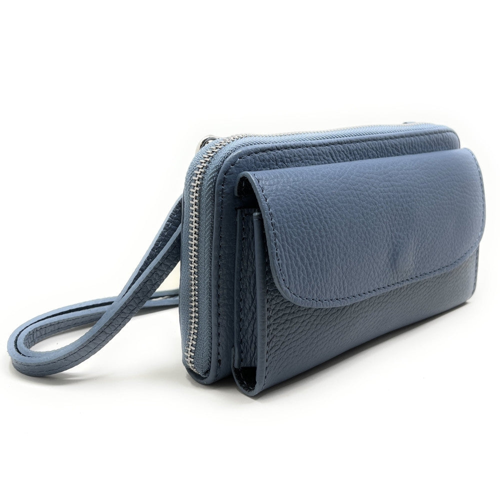 Sac portefeuille à bandoulière en cuir grainé CITY Bleu glacier