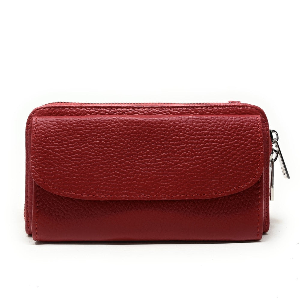 Sac portefeuille à bandoulière en cuir grainé CITY Rouge fraise