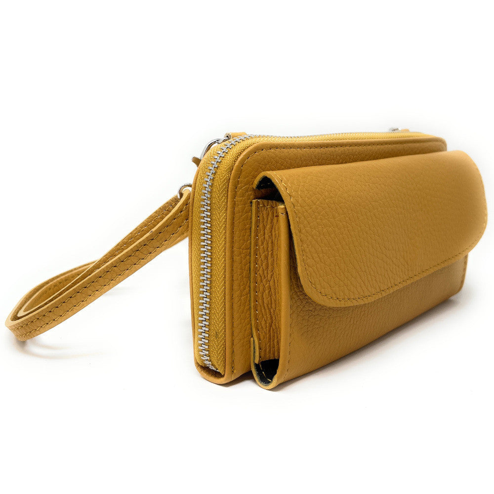 Sac portefeuille à bandoulière en cuir grainé CITY Jaune Moutarde