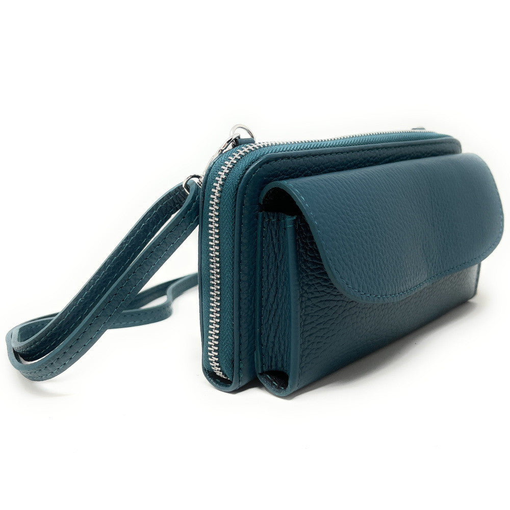 Sac portefeuille à bandoulière en cuir grainé CITY Bleu vert canard