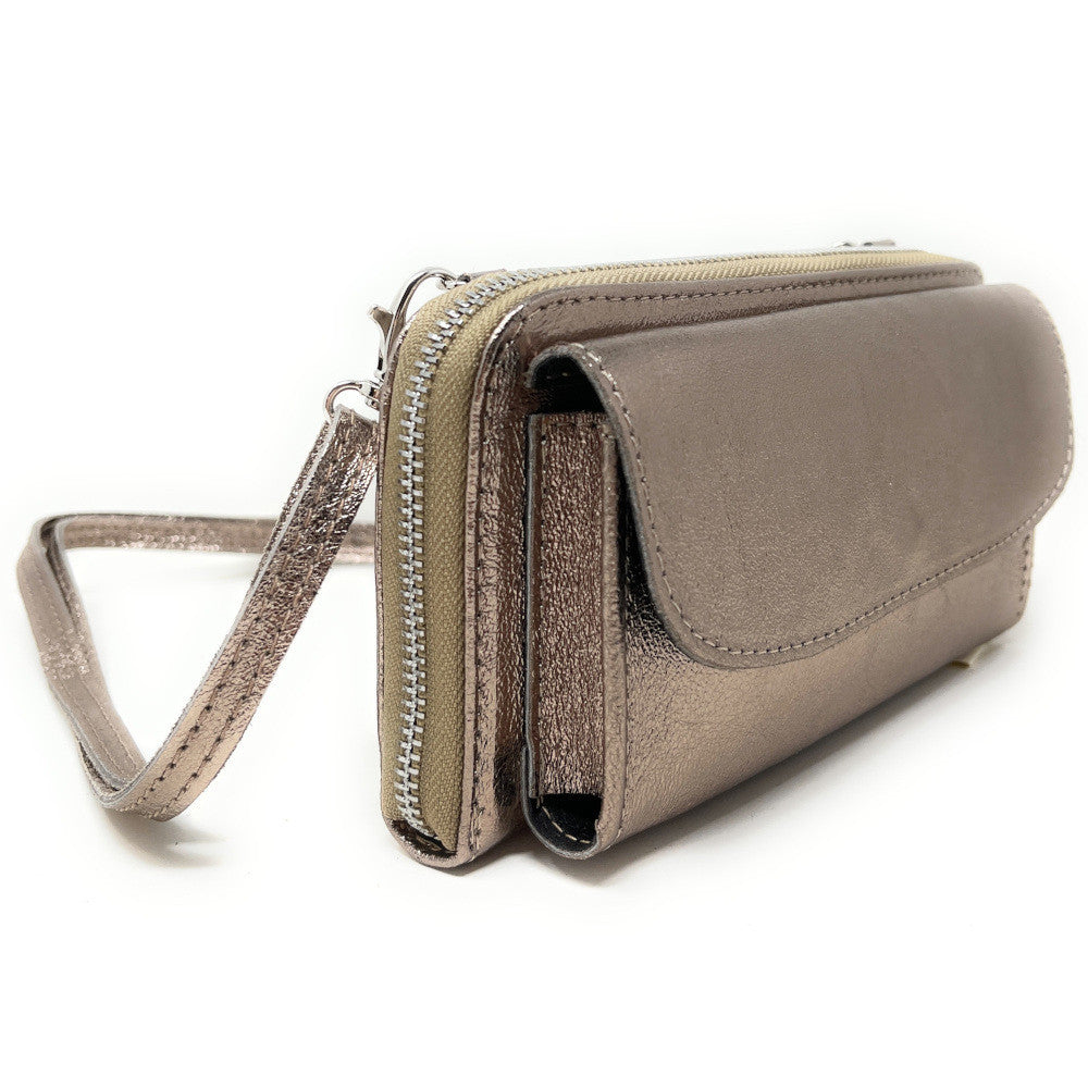 Sac portefeuille à bandoulière en cuir grainé CITY Champagne irisé