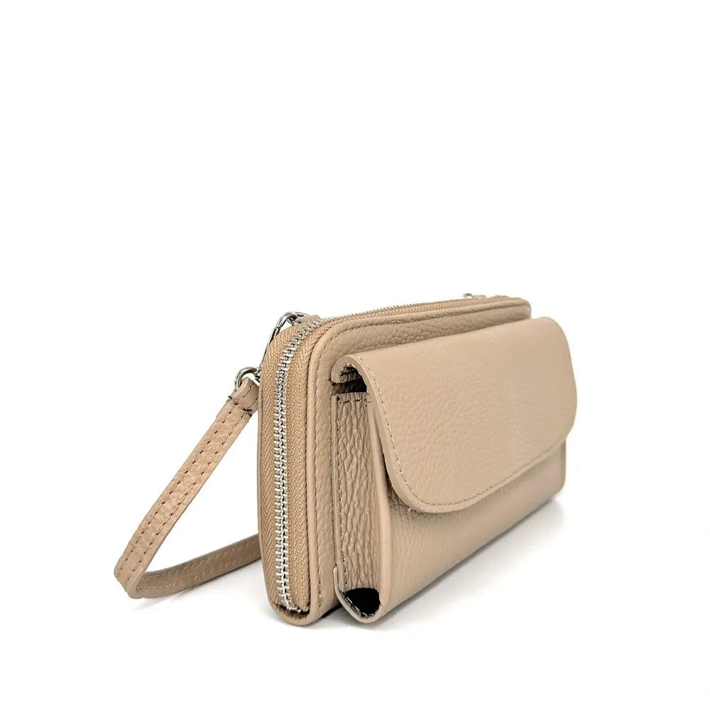 Sac portefeuille à bandoulière en cuir grainé CITY Taupe clair