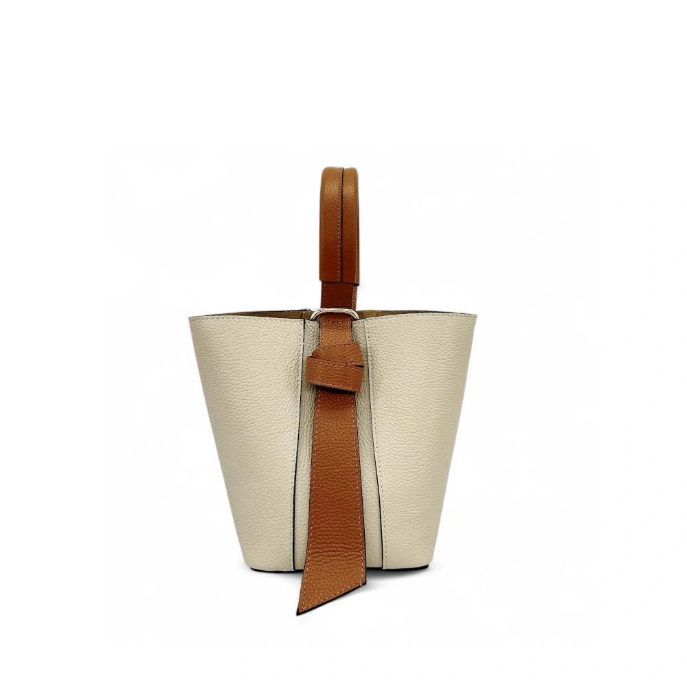 Sac seau et pochette en cuir grainé BIRDIE Beige et Camel