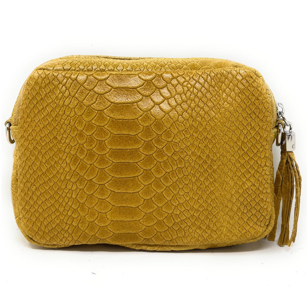 Sac trotteur à bandoulière en cuir embossé SEVILLA ZOO Jaune Moutarde