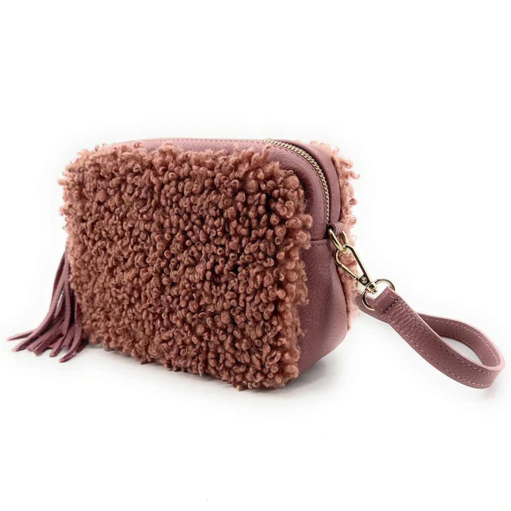 Sac trotteur en cuir et peluche SEVILLE PILOU Rose poudre