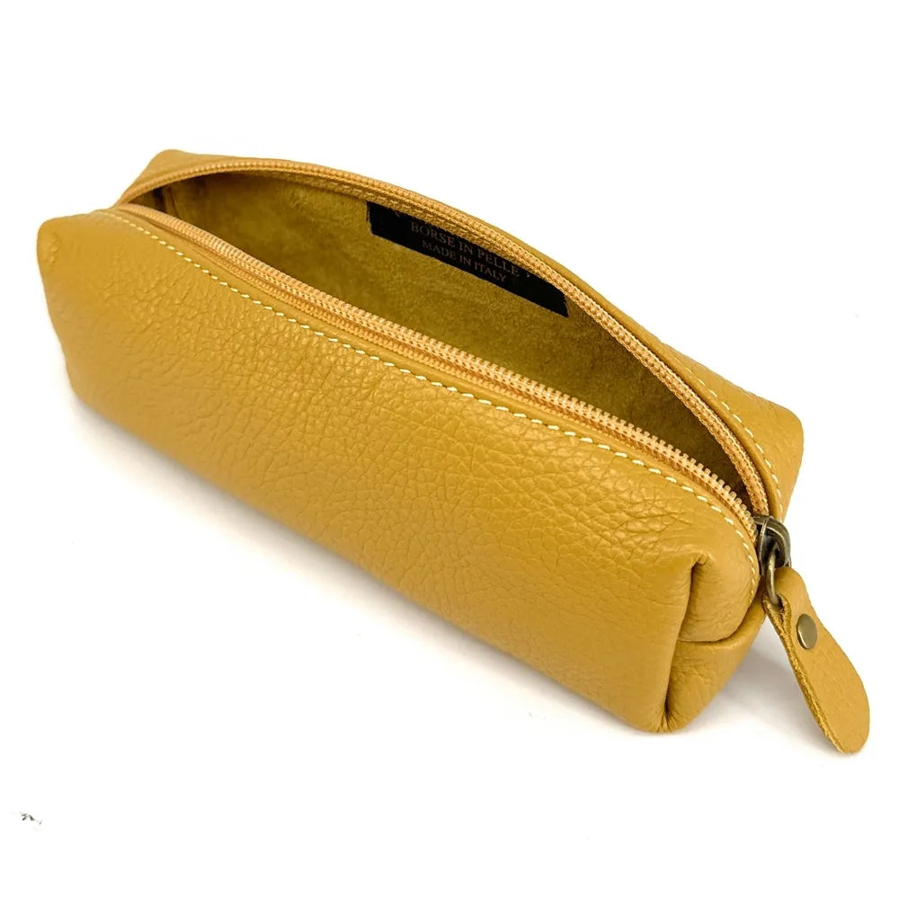 Trousse en cuir grainé TICTOC Jaune Moutarde