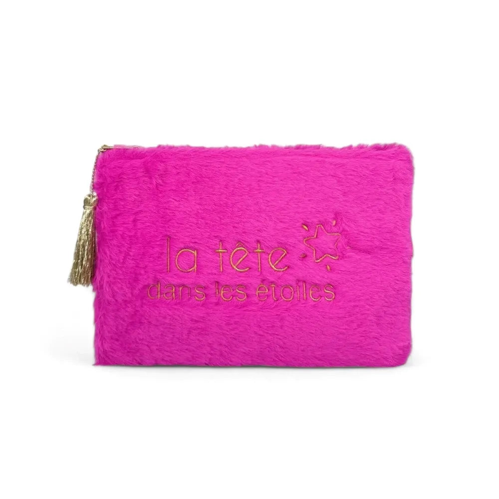 Trousse pochette en fausse fourrure FLUFFY STAR Rose fuchsia