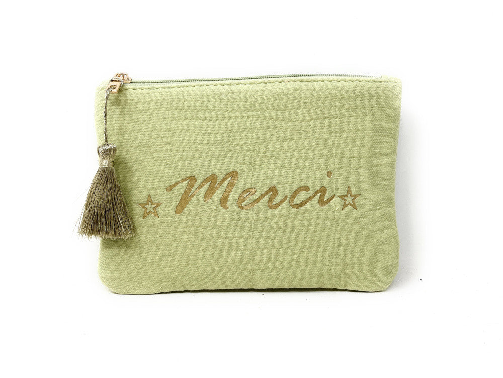 Trousse pochette en gaze de coton COCOON Merci Vert amande