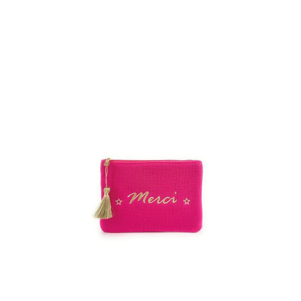 Trousse pochette en gaze de coton COCOON Merci Rose fuchsia