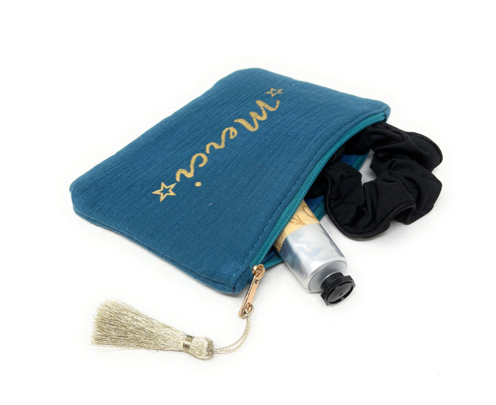 Trousse pochette en gaze de coton COCOON Merci Bleu vert canard