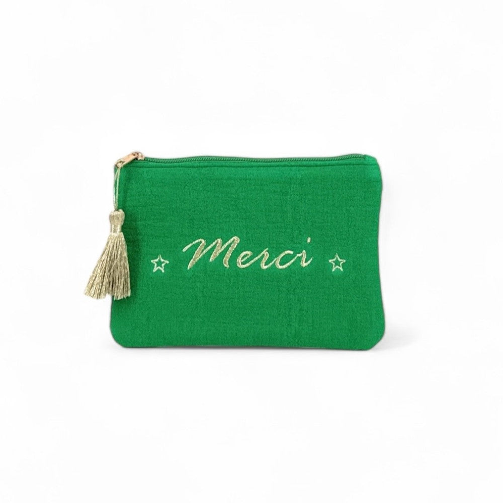 Trousse pochette en gaze de coton COCOON Merci Vert anglais