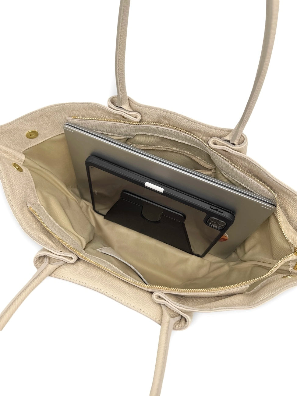 CAMPUS grained leather tote bag, Cream beige