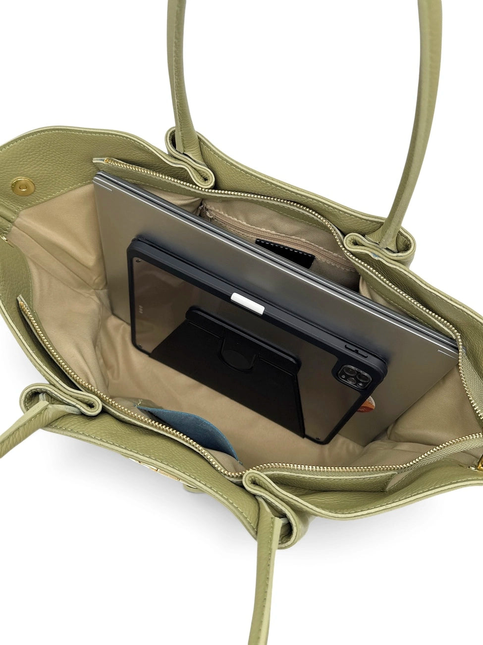 Shopper aus genarbtem Leder CAMPUS in Matcha-Latte-Grün