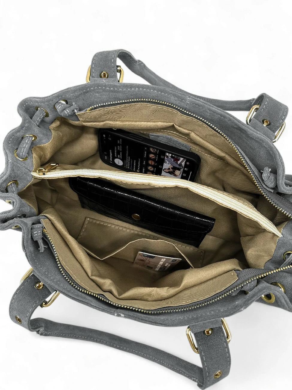Borsa bowling in pelle scamosciata PRINCESSE SUEDE Grigio colomba