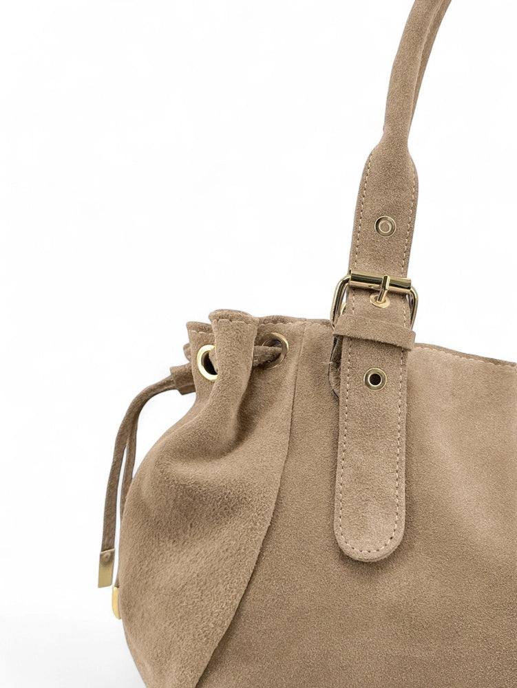 Borsa bowling in pelle scamosciata PRINCESSE SUEDE Tortora chiaro