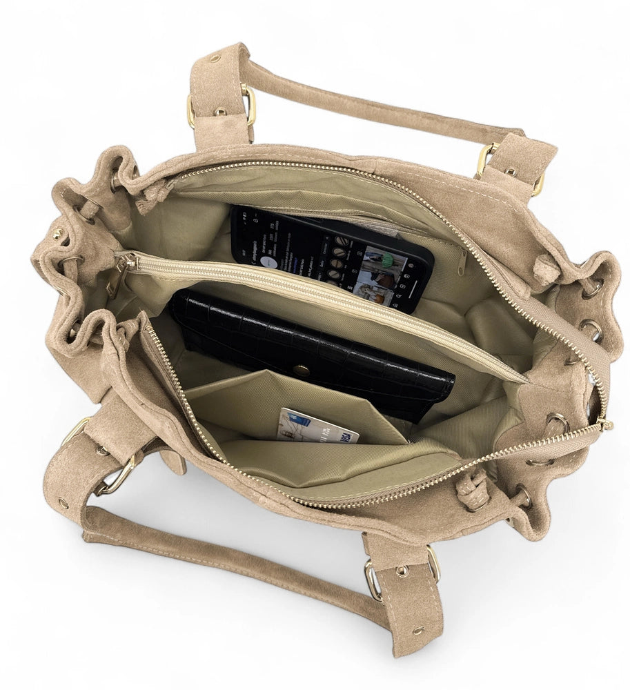 Borsa bowling in pelle scamosciata PRINCESSE SUEDE Tortora chiaro