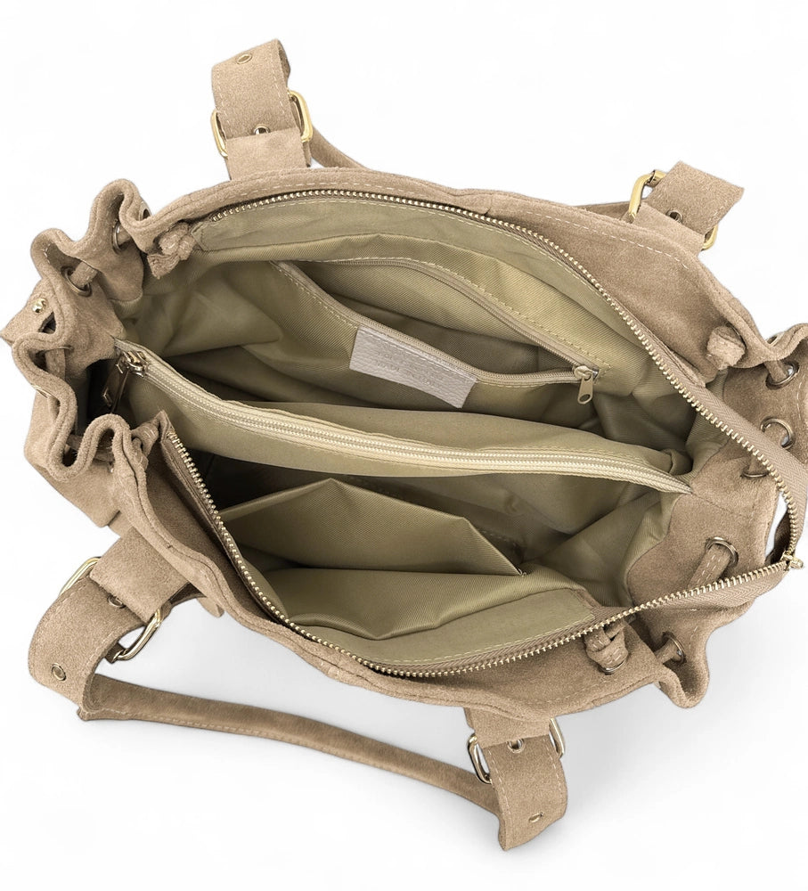 Borsa bowling in pelle scamosciata PRINCESSE SUEDE Tortora chiaro
