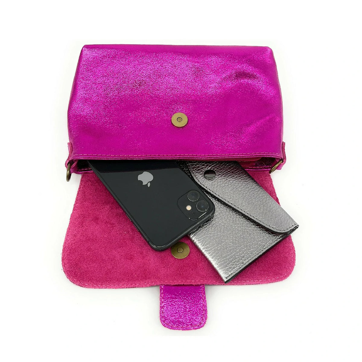 Mini-Tasche aus schillerndem Leder VERONE Fuchsia-Rosa