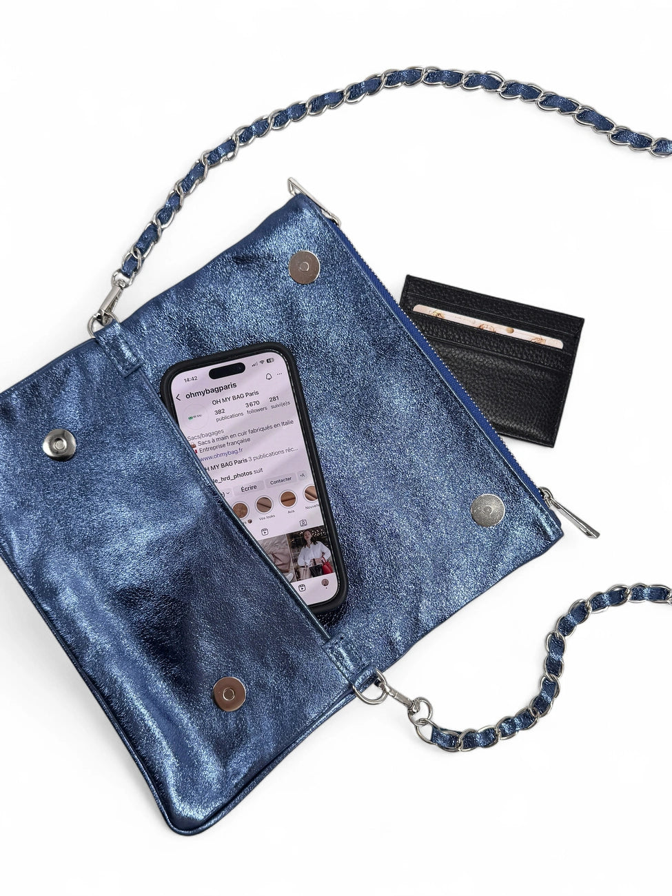 Clutch aus schillerndem Leder ROXANE Denimblau schillernd