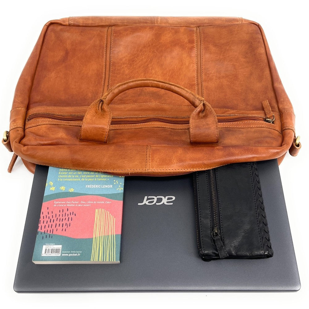 Sac sacoche à bandoulière en cuir souple vintage ASTON Camel