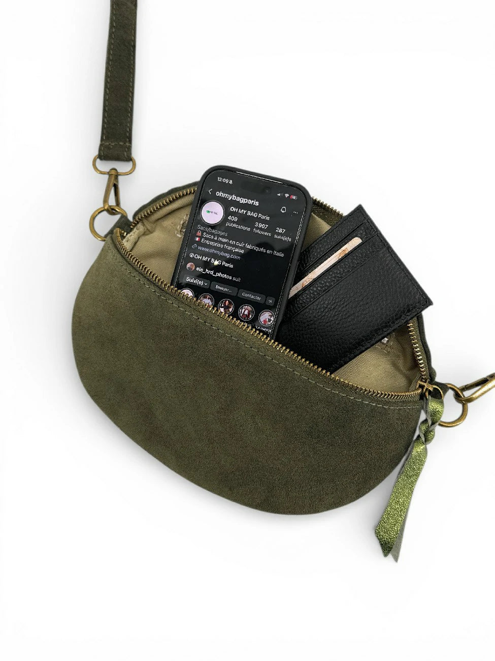Marsupio in pelle scamosciata LOU SUE Verde kaki scuro