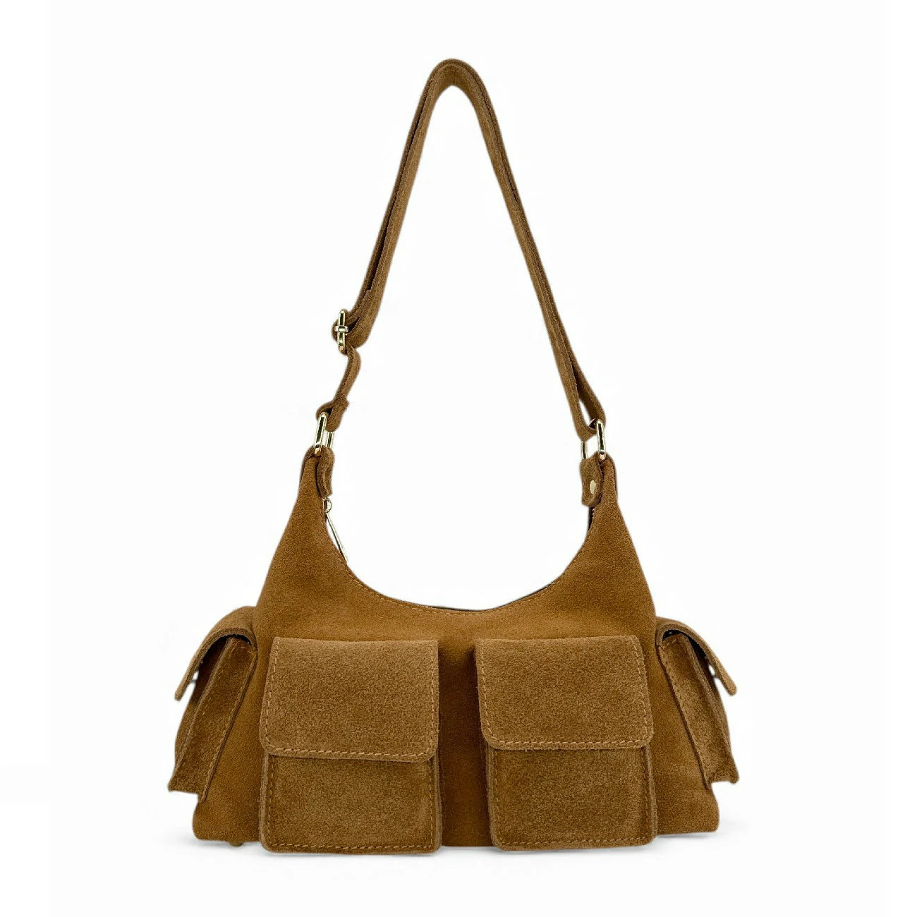 Sac cargo multipoches en daim LARA Camel foncé