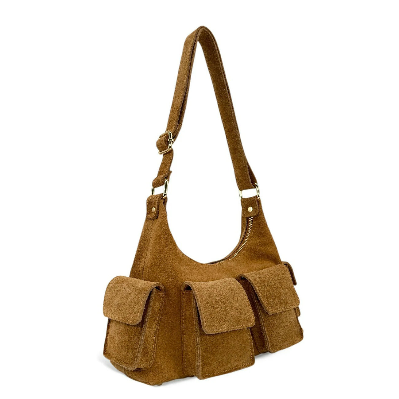 Sac cargo multipoches en daim LARA Camel foncé