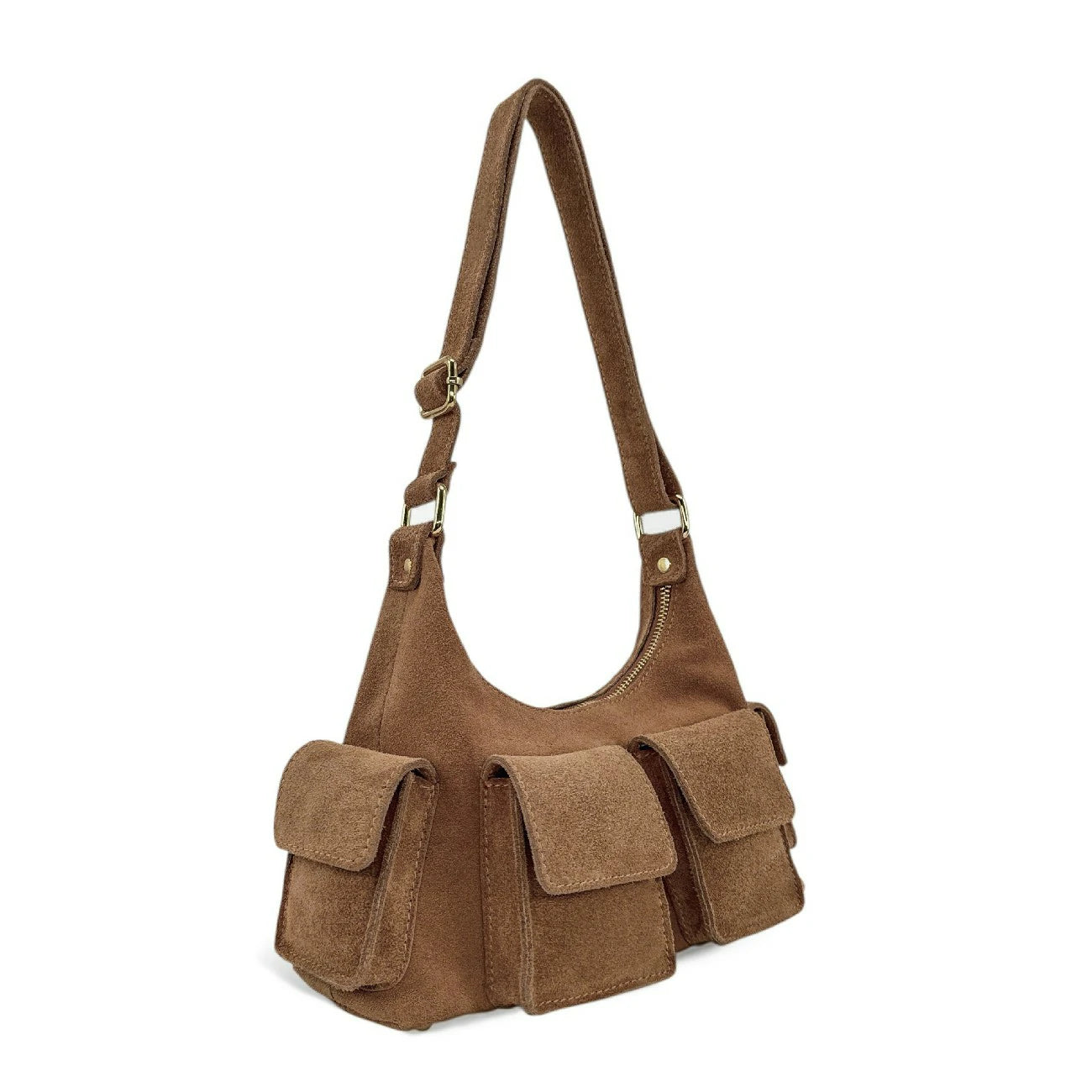 Sac cargo multipoches en daim LARA Taupe foncé