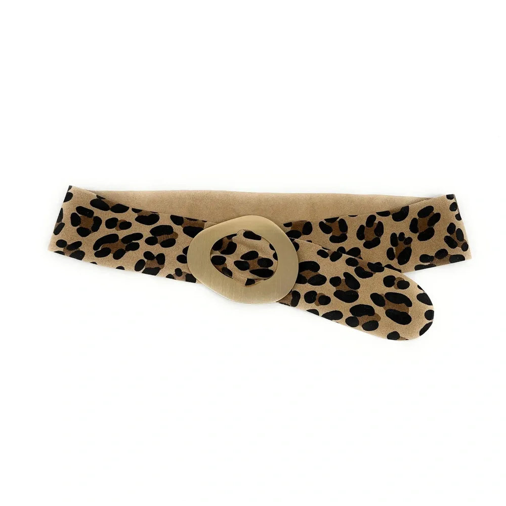 Ceinture en croûte de cuir imprimé et métal brossé NIKI E.L. LEO Léopard taupe clair