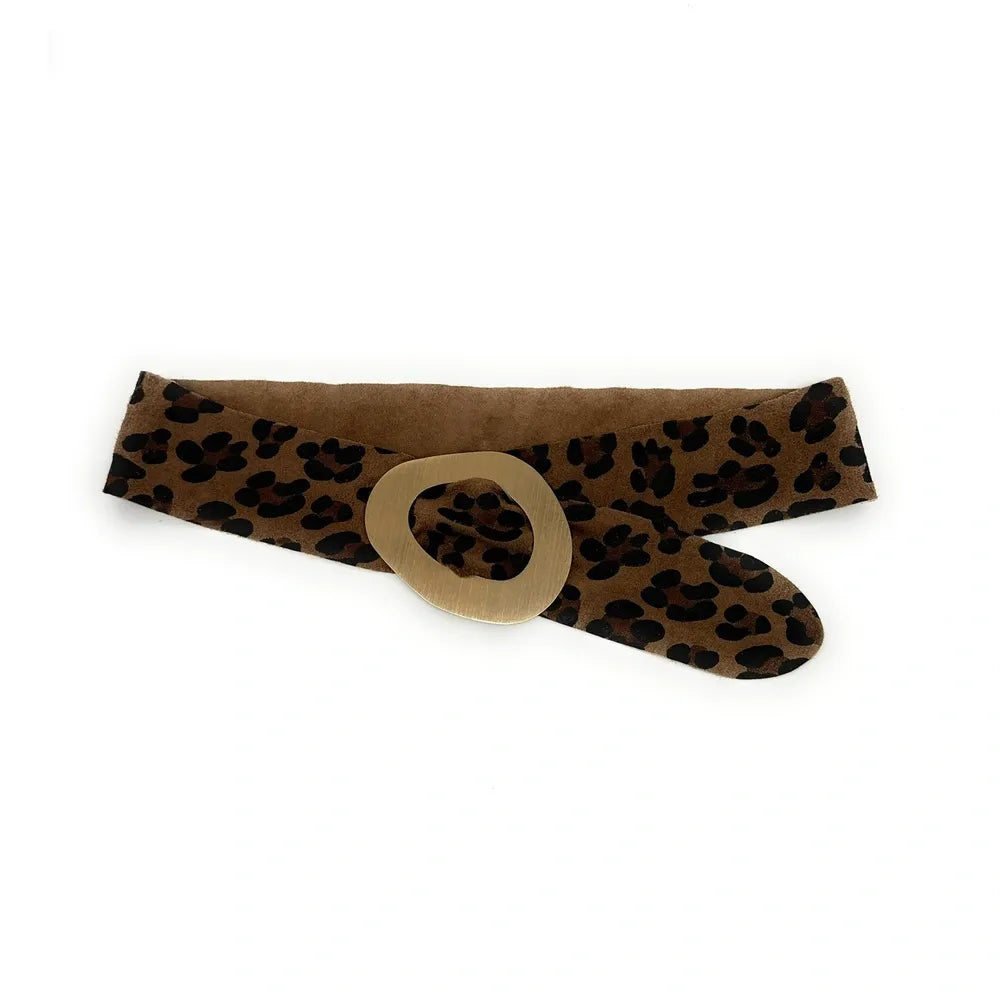 Ceinture en croûte de cuir imprimé et métal brossé NIKI E.L. LEO Léopard taupe foncé