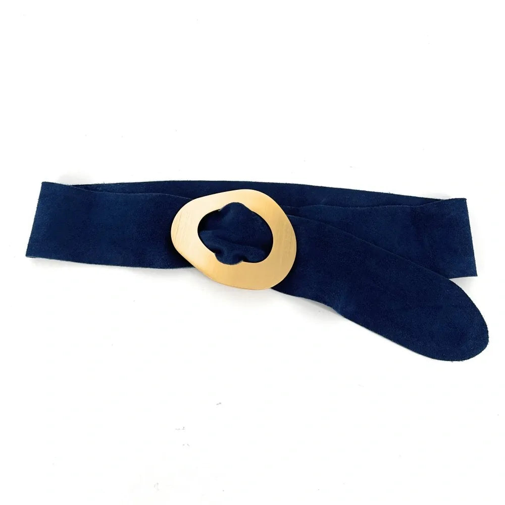 Ceinture en croûte de cuir italien et métal brossé NIKI Bleu