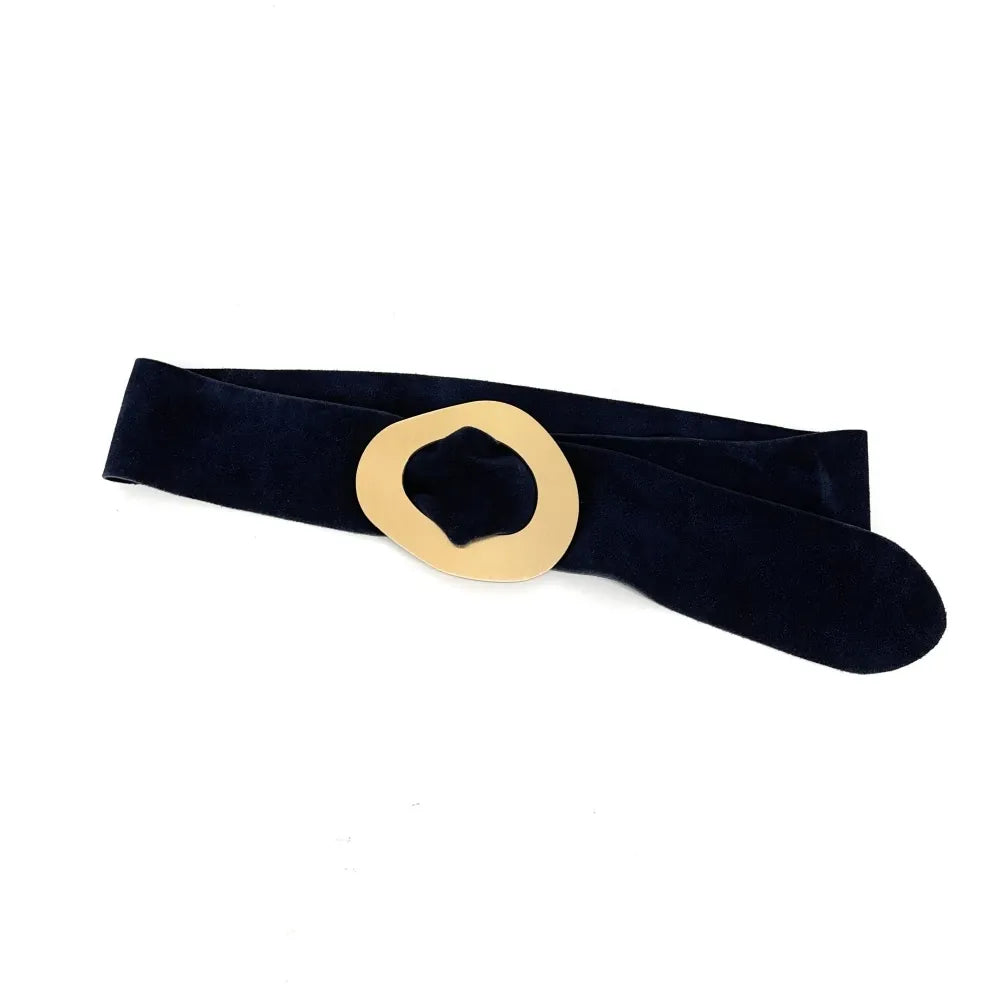 Ceinture en croûte de cuir italien et métal brossé NIKI Bleu marine