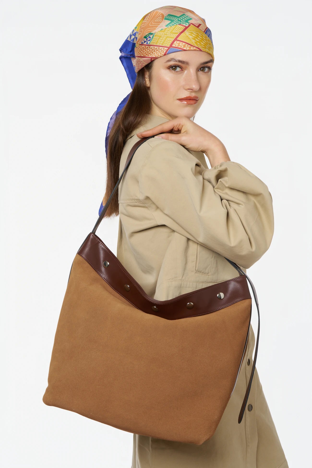Grand sac cabas en daim et cuir lisse EMMA Camel foncé