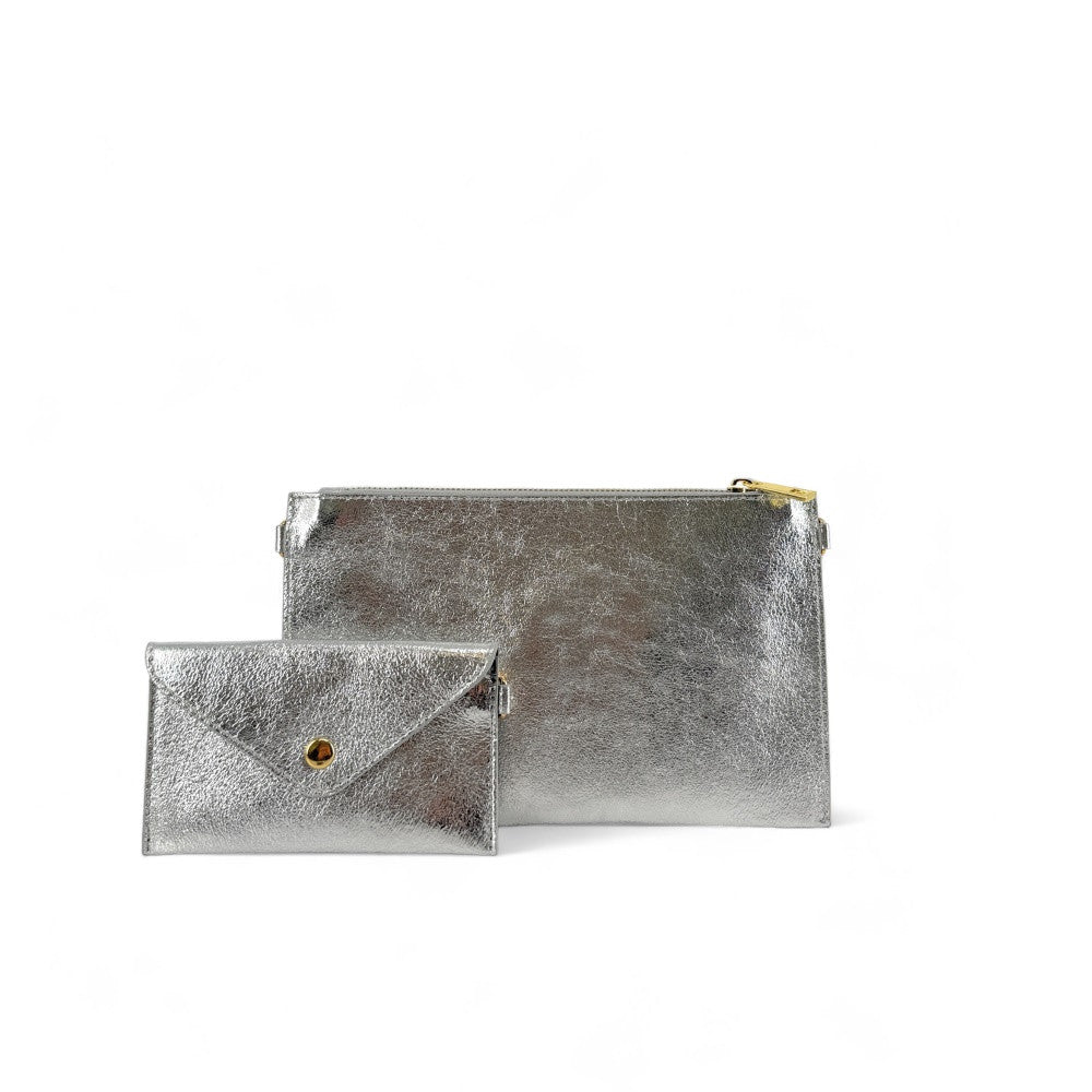 Ensemble sac pochette et porte-cartes en cuir grainé ou irisé TWICE Argent moyen
