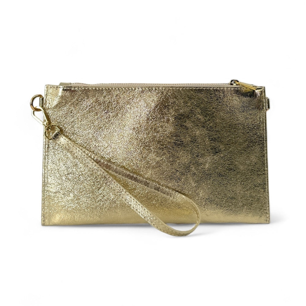 Ensemble sac pochette et porte-cartes en cuir grainé ou irisé TWICE Or pâle