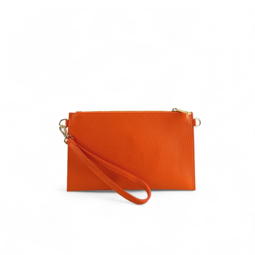 Ensemble sac pochette et porte-cartes en cuir grainé ou irisé TWICE Orange