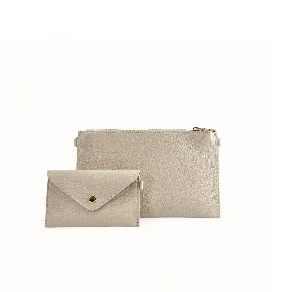 Ensemble sac pochette et porte-cartes en cuir grainé ou irisé TWICE Beige crème